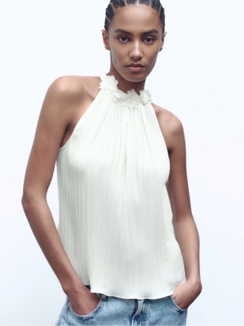 Zara Sleeveless High-Neck Pleated Shell Top - White